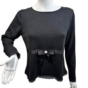 90s KIKIT Knitwear Black Cotton Sweater Long Slv Ribbon Accent Lace Trim Women L